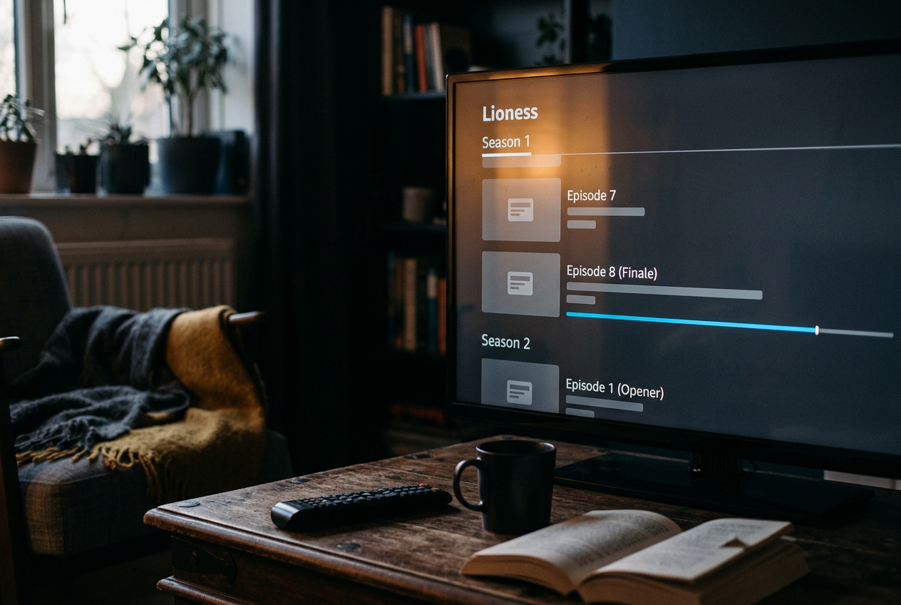 A television paused on the Lioness episode list beside a remote and a handwritten four-week viewing plan.