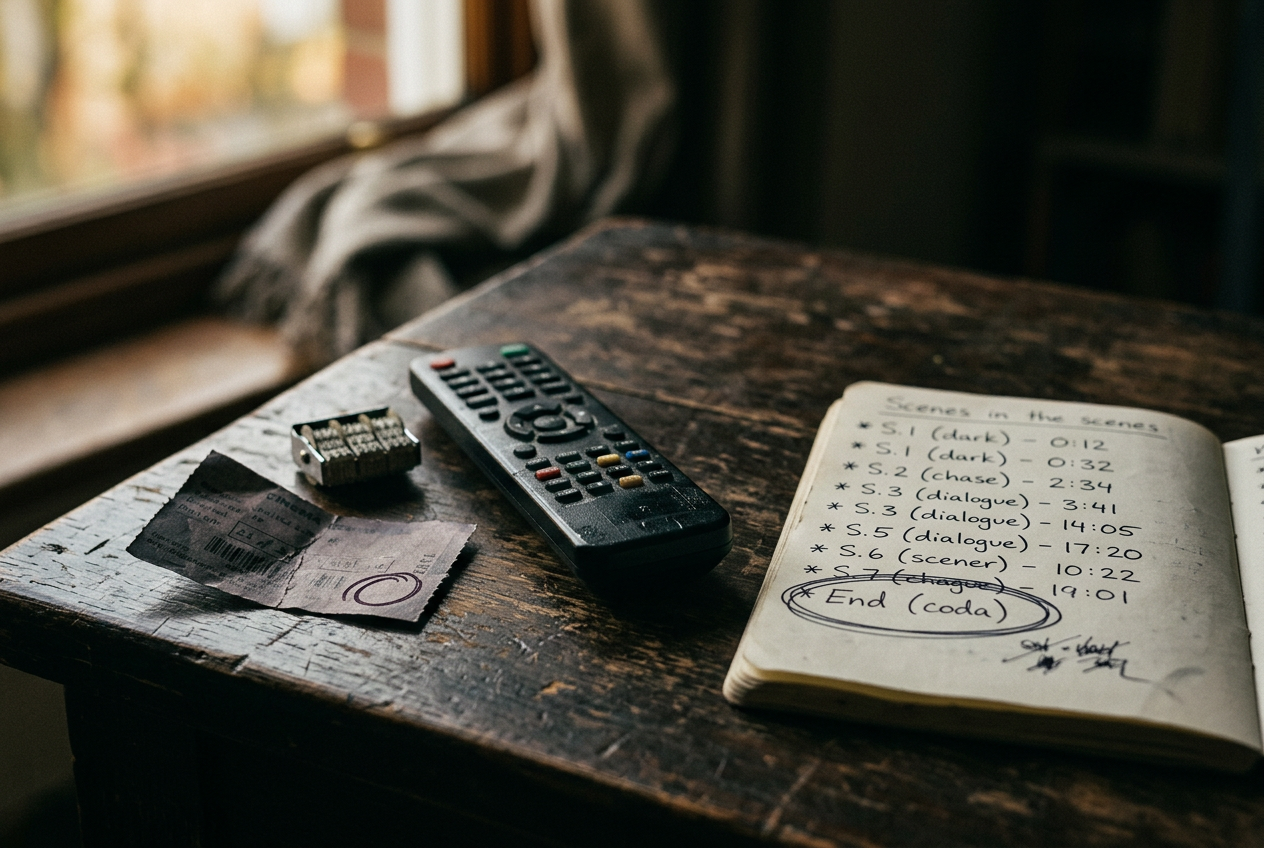 A movie ticket and TV remote beside notes listing the Owens curse, sisters and final circle.