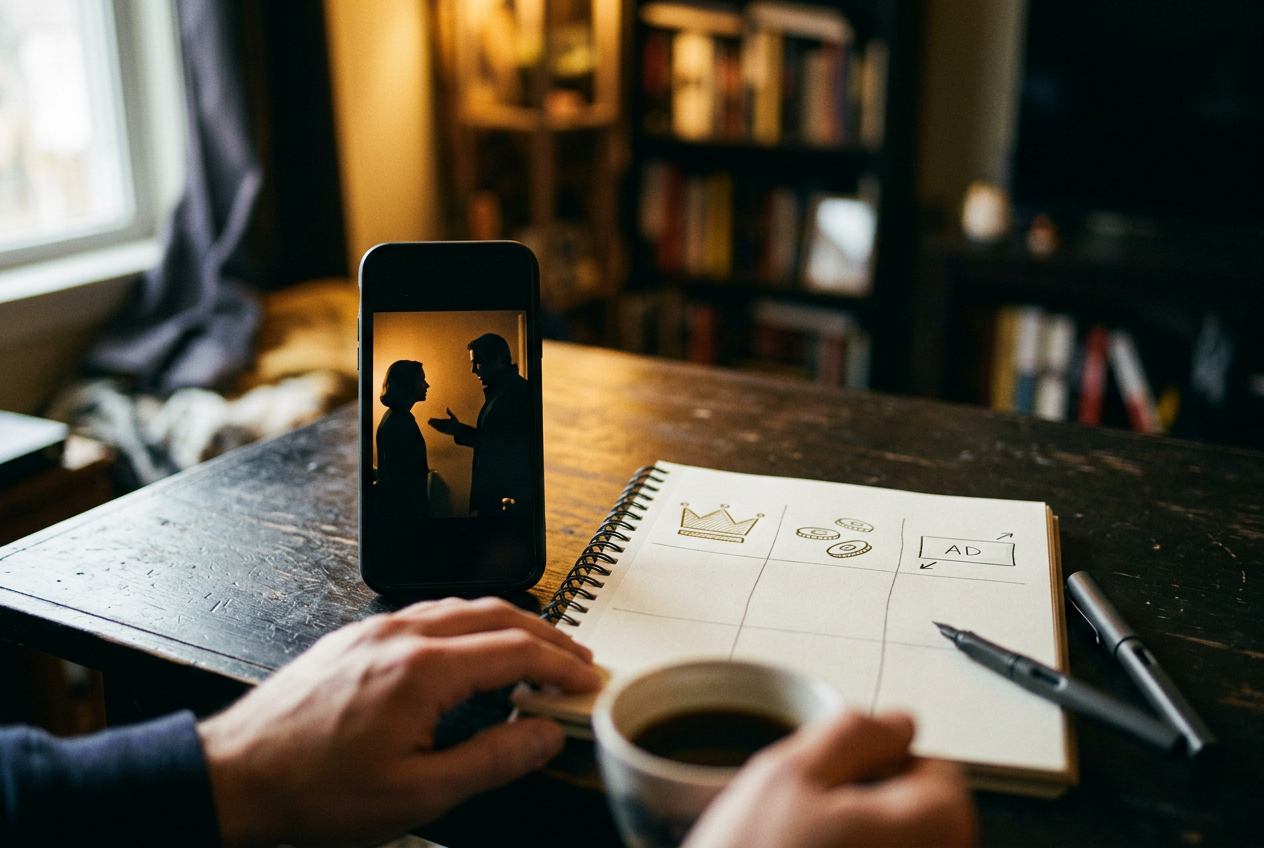 A phone showing a locked vertical-drama episode beside a notebook tracking VIP access, coins and ads.
